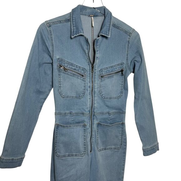 Free People Lennox Skinny Fit Denim Zip Front Jumpsuit Size Small Light Blue - Picture 3 of 12